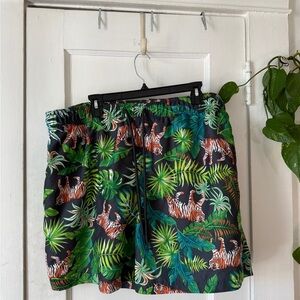George Jungle Print swim Shorts with Tiger and Leaf Design